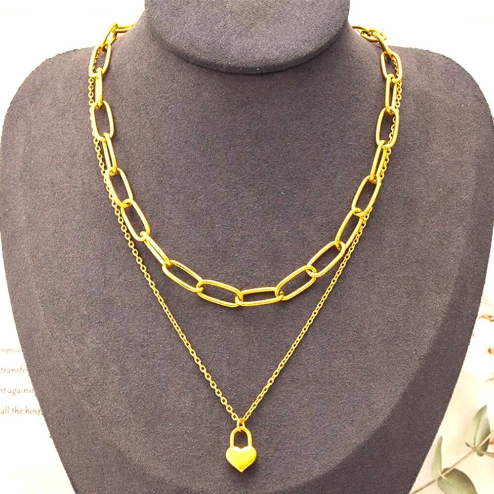 18K GOLD DIPPED NECKLACES A LONG ONE WITH HEART PENDANT AND A LARGE LINK SHORTER